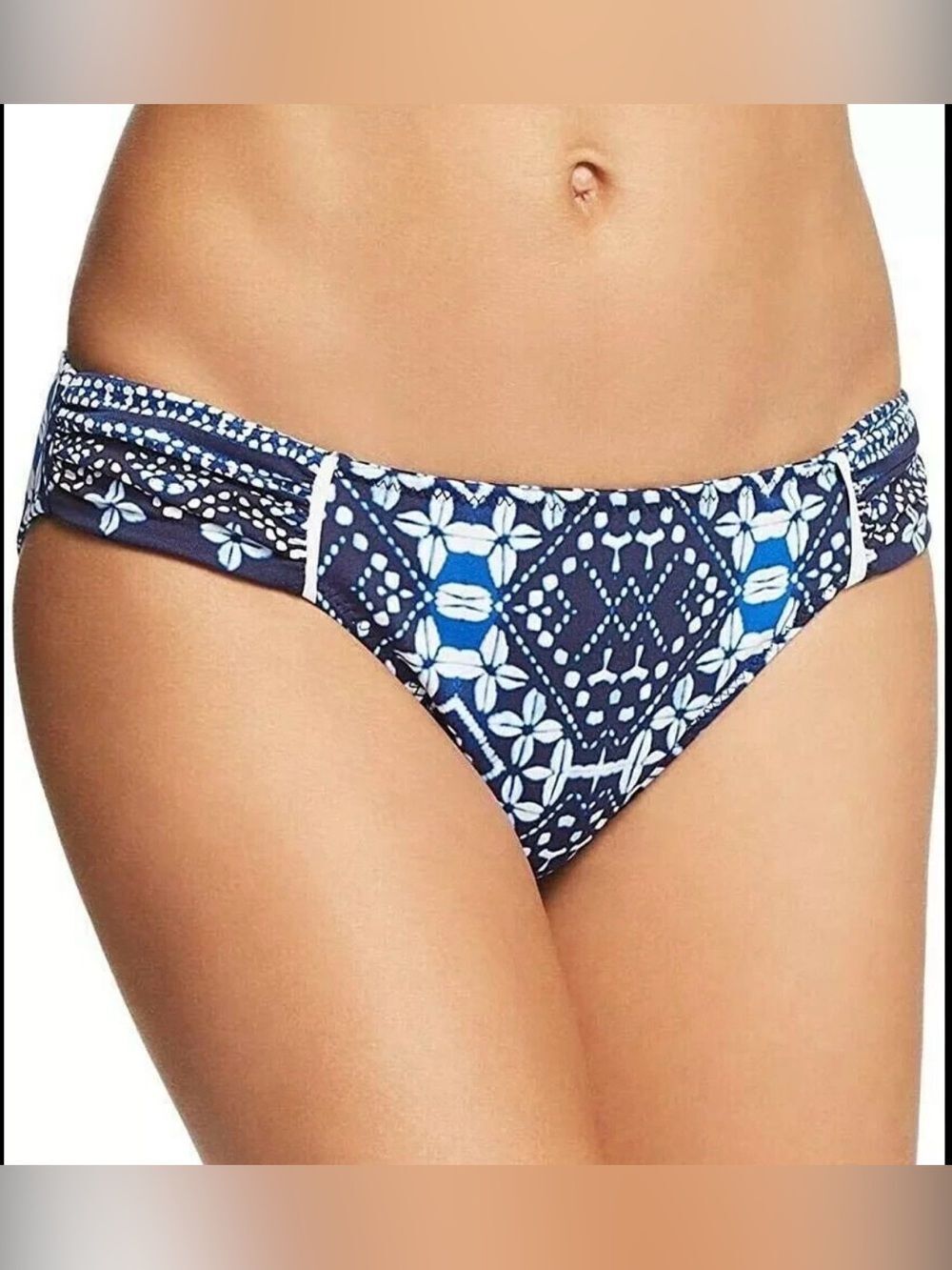 Tommy Bahama Cowrie Navy White High Waisted Bikini Bottom Shirred Sides Medium
